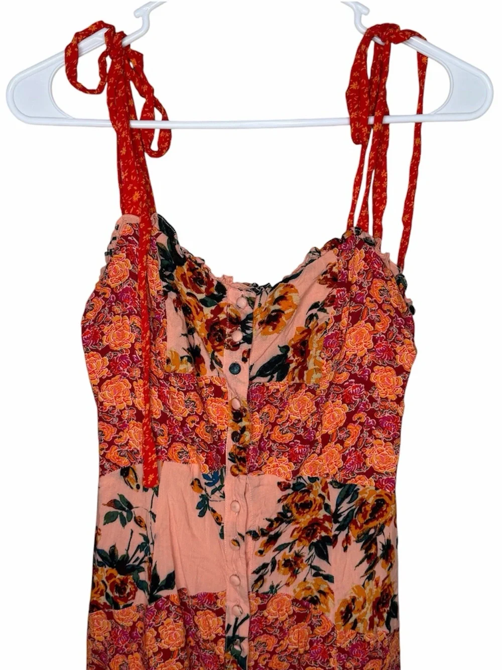 Free People Lover Boy Maxi Dress Size 2 Coral Combo Button Tie Straps Floral